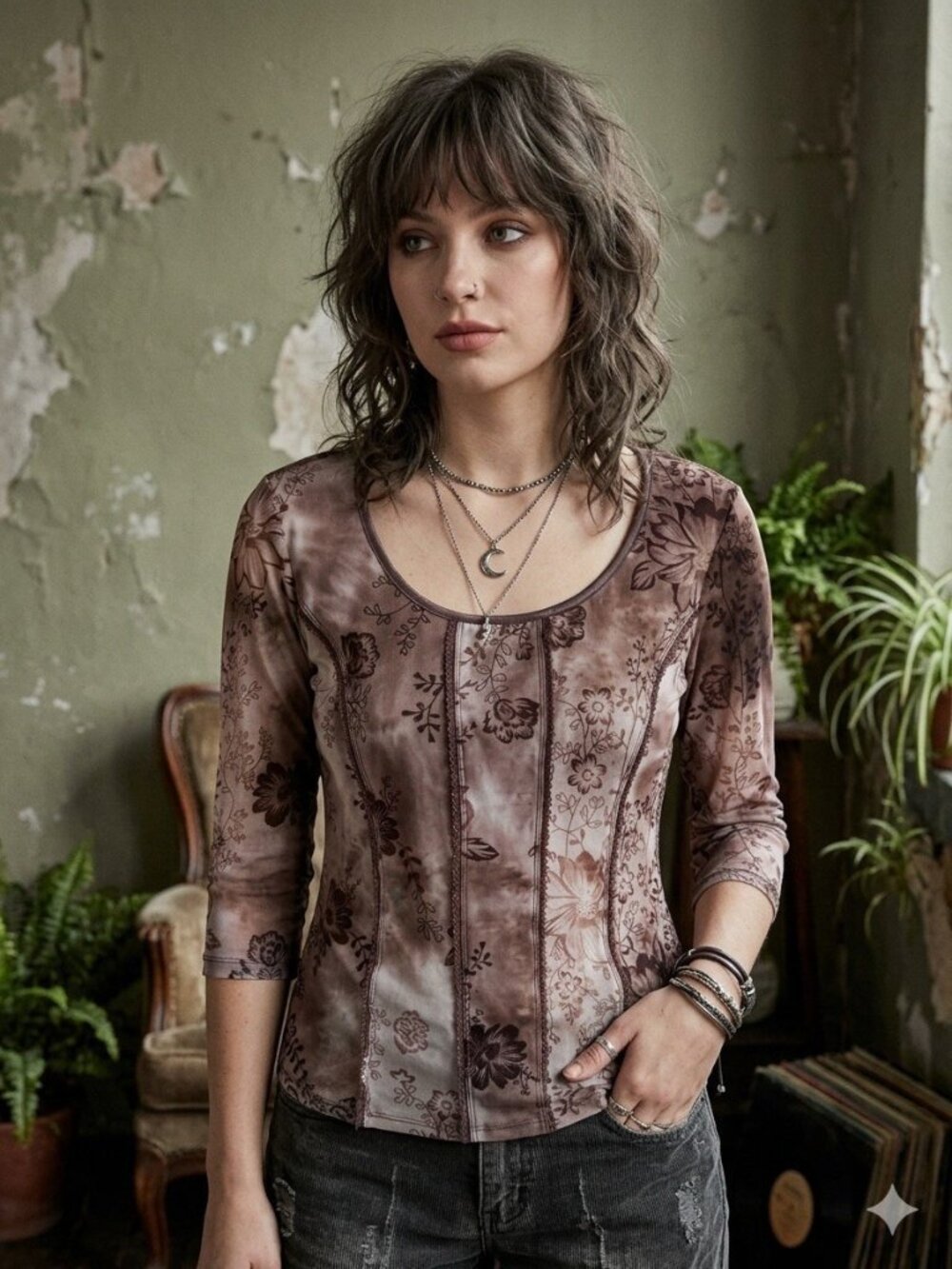 Vintage Y2K DressBarn Brown Burnout Velvet Sheer Boho Top Large